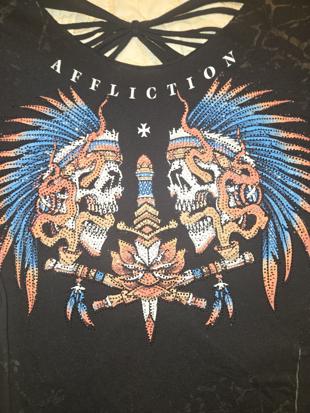 Affliction Graphic Skull Tee with Blue & Orange Design